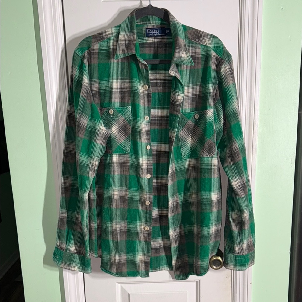 Polo by Ralph Lauren Green&Grey Plaid Long Sleeve Mens Button Down Shirt Size L